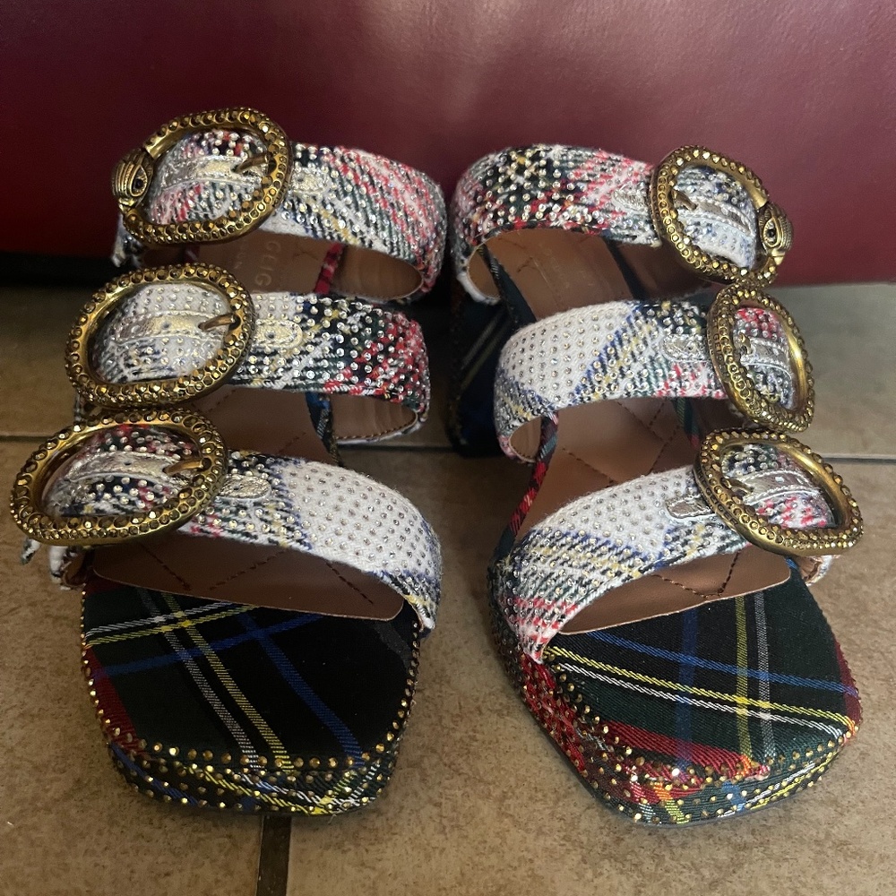 Kurt Geiger Mayfair Embellished Tartan Plaid Sandals SZ Various ORIG $195